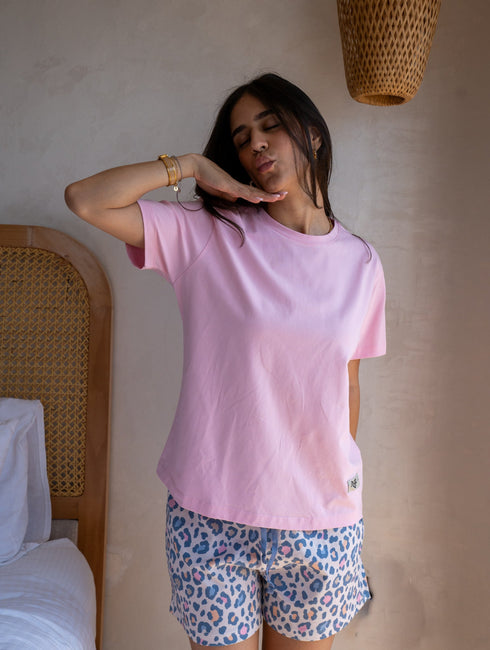 Women Summer Pajama set Rose T-shirt + Leopard Short